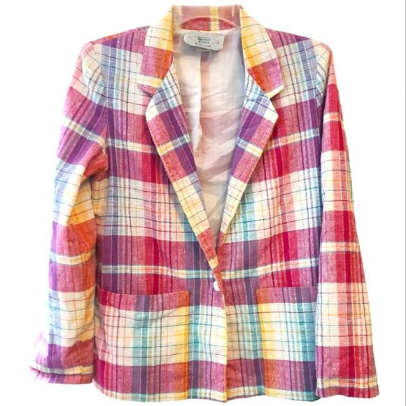 Vintage Bobbis Closet Pink Plaid Linen Blend Blazer - Picture 1 of 10